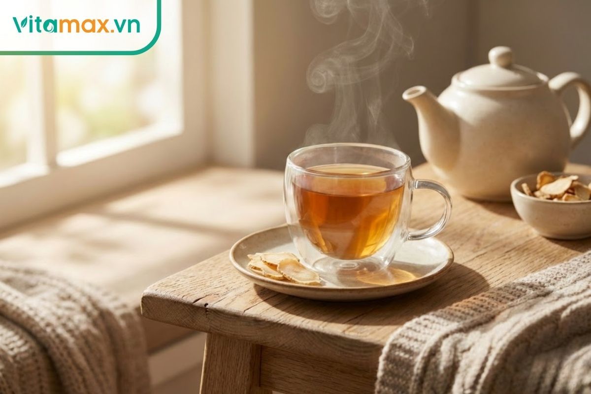 Tách trà nhân sâm nóng và vài lát sâm thái mỏng trên bàn, gợi ý dùng vào buổi sáng.