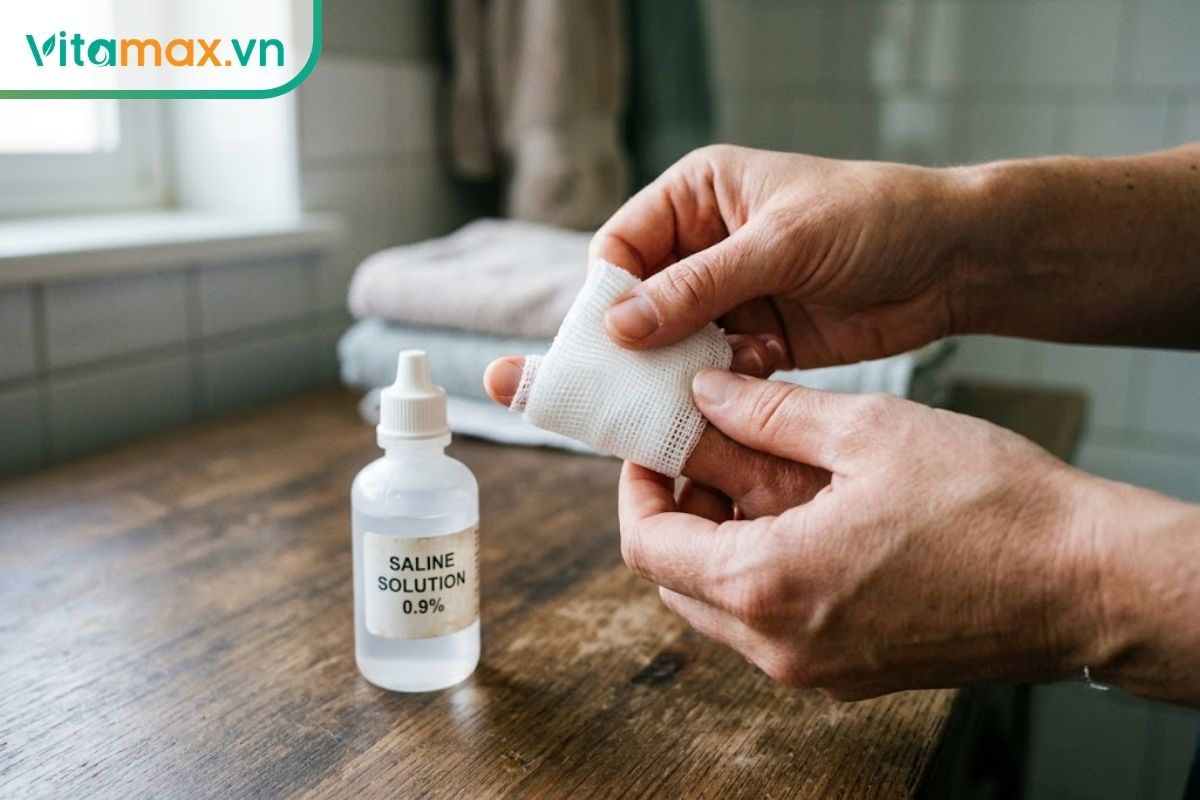 Đôi bàn tay sạch đang quấn miếng gạc y tế vô trùng màu trắng quanh ngón tay trỏ, bên cạnh là một lọ nước muối sinh lý nhỏ trên bàn.