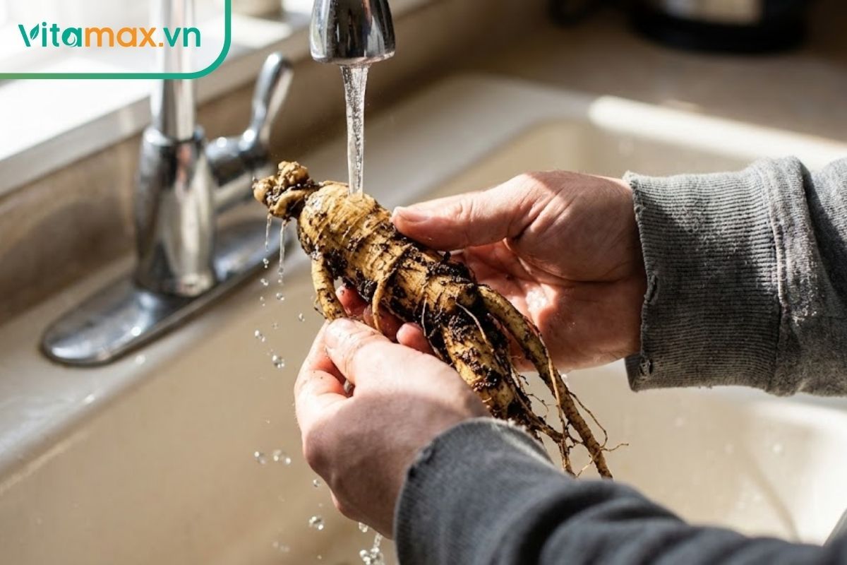 Cận cảnh bàn chải lông mềm đang chải sạch đất trong khe rễ củ sâm.