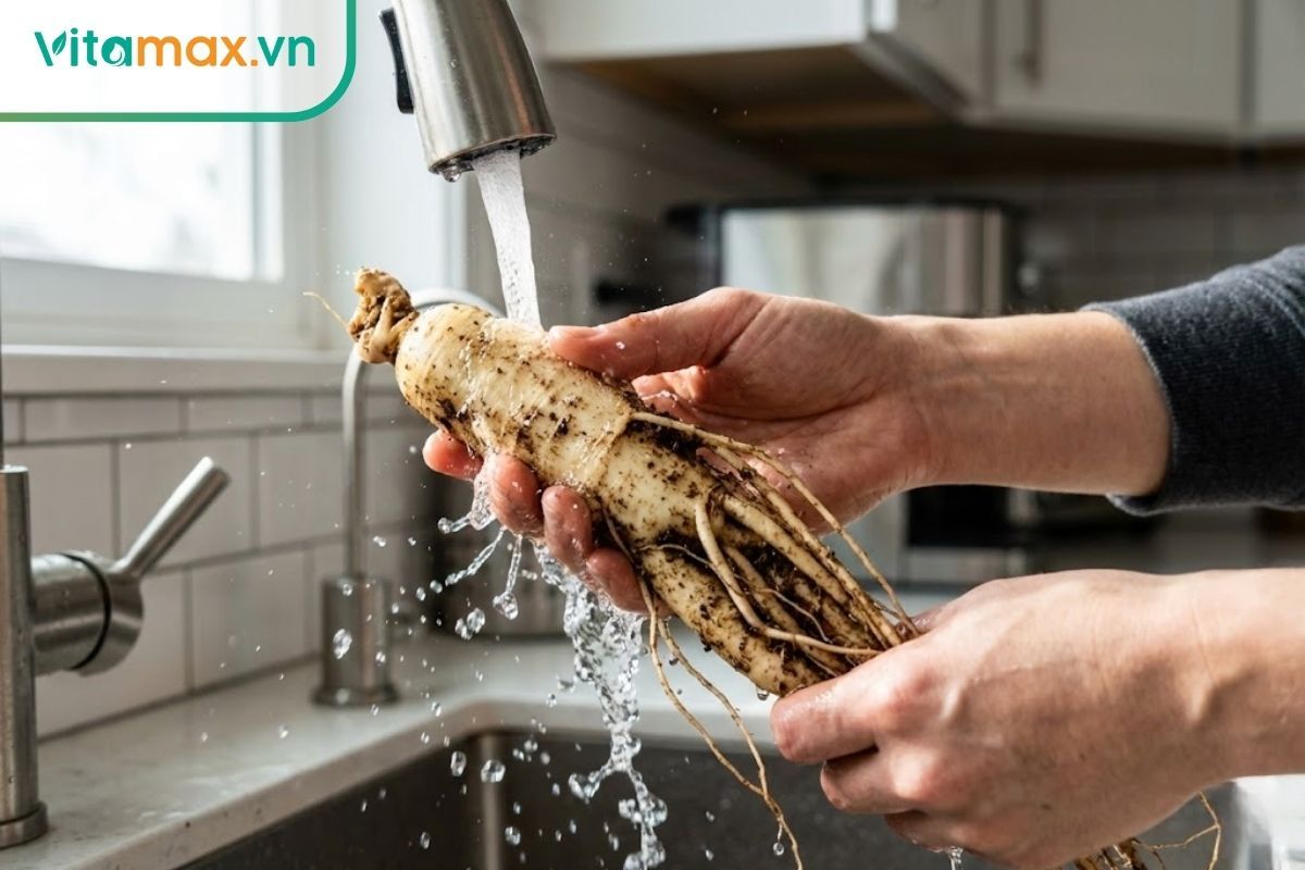 người nội trợ đang rửa sạch đất trên củ sâm tươi dưới vòi nước chảy
