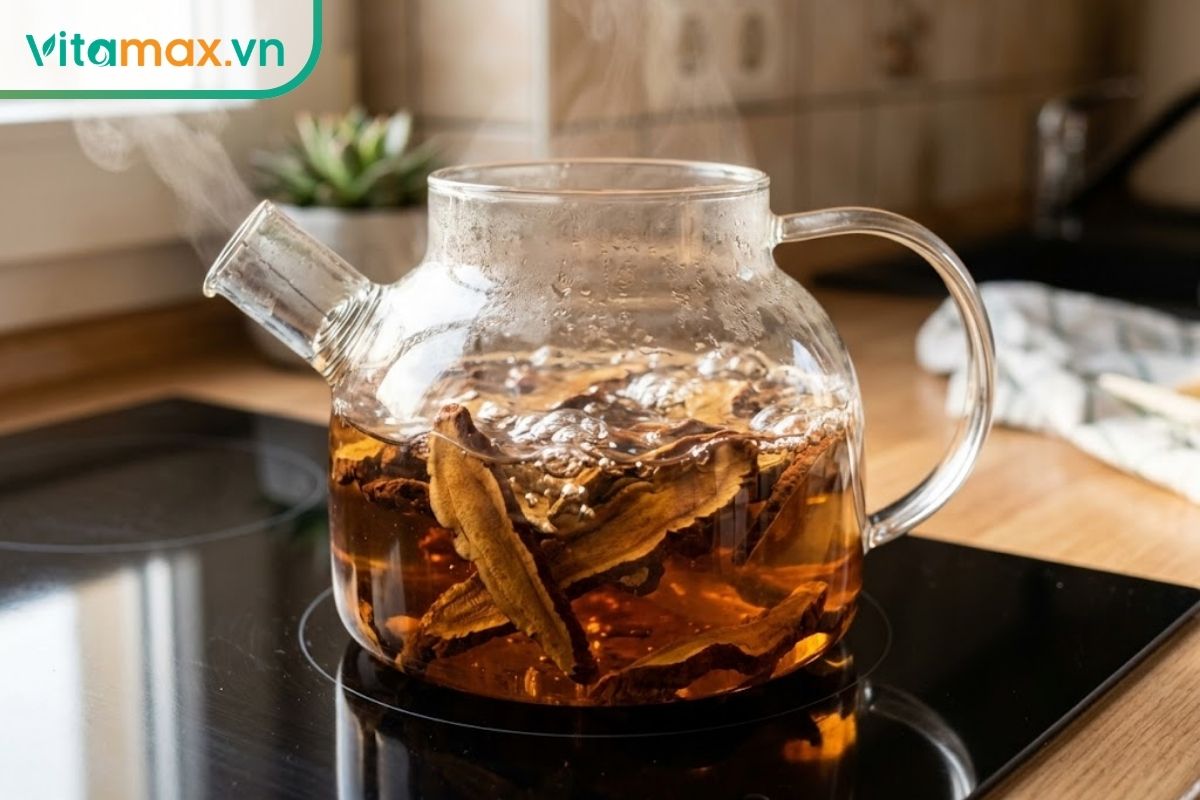 Ấm đun nước bằng thủy tinh trong suốt đang sôi trên bếp, bên trong chứa các lát nấm linh chi đỏ và nước đang chuyển dần sang màu hổ phách, bối cảnh bếp gia đình.