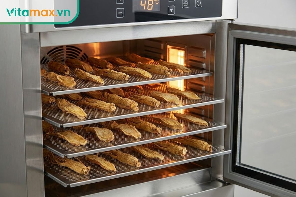 Các lát nhân sâm được xếp đều trên khay sấy ở nhiệt độ thấp, màu sắc vàng đều, không bị cháy xém.