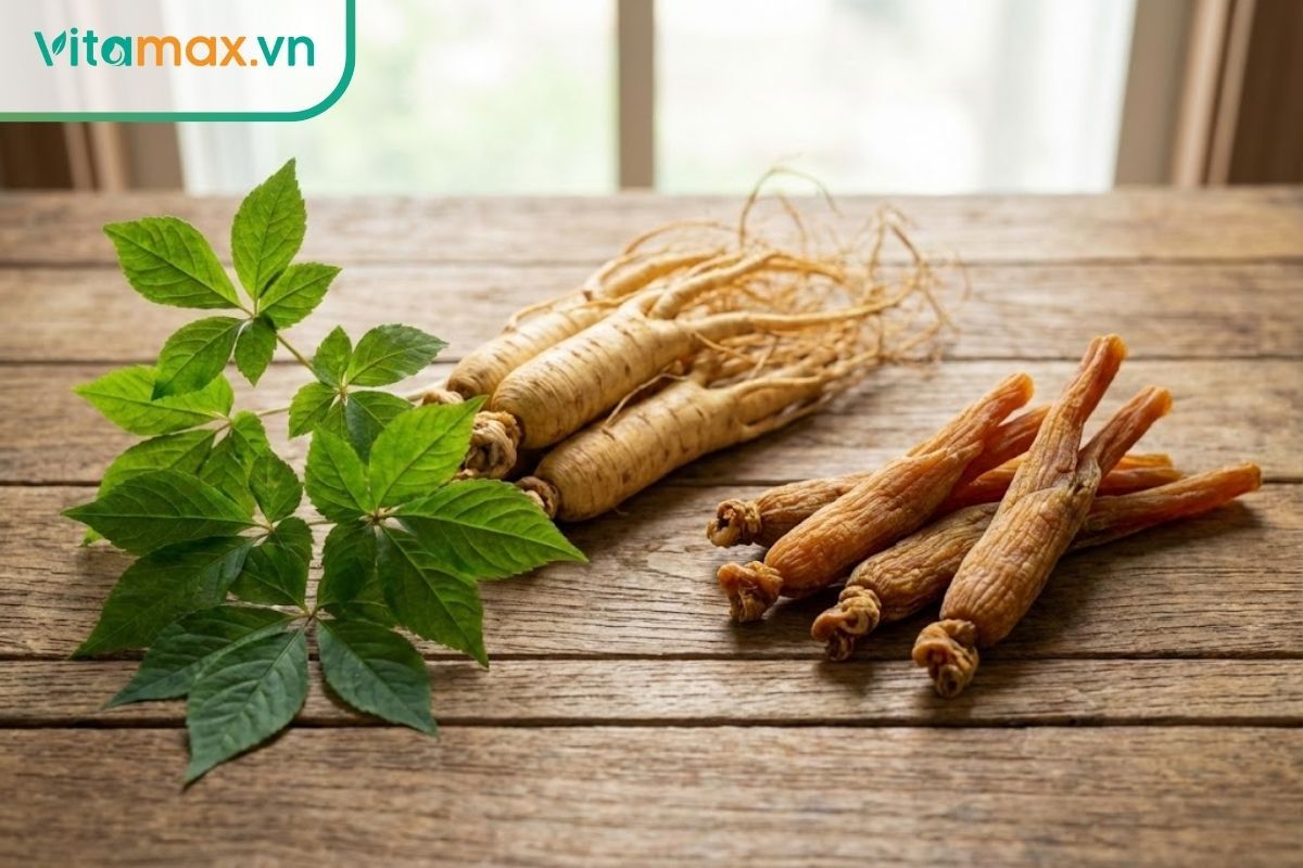 so sánh củ sâm tươi và sâm khô hàn quốc trên bàn gỗ tự nhiên