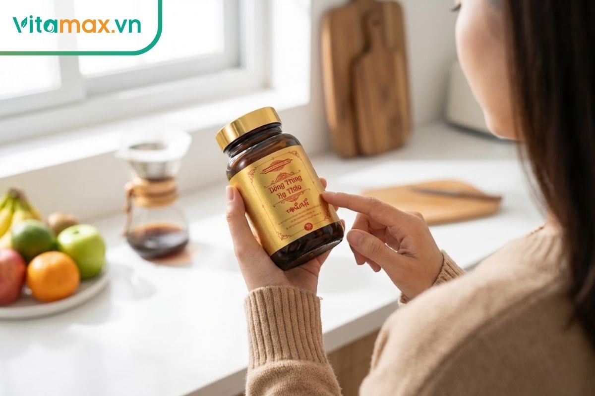 Người dùng đang đọc kỹ hướng dẫn sử dụng và thành phần trên nhãn lọ đông trùng hạ thảo trước khi uống.
