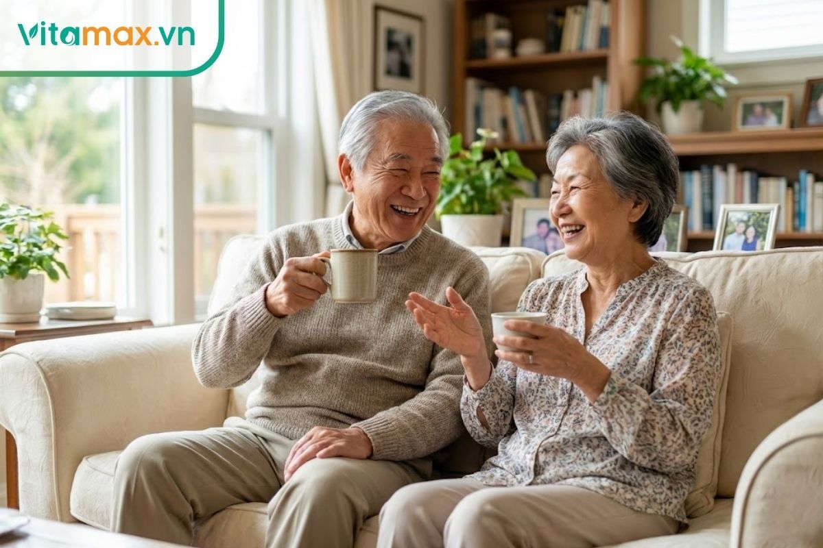 Cặp vợ chồng người cao tuổi vẻ mặt hồng hào, khỏe mạnh đang thưởng thức trà thảo mộc trong không gian gia đình ấm cúng.
