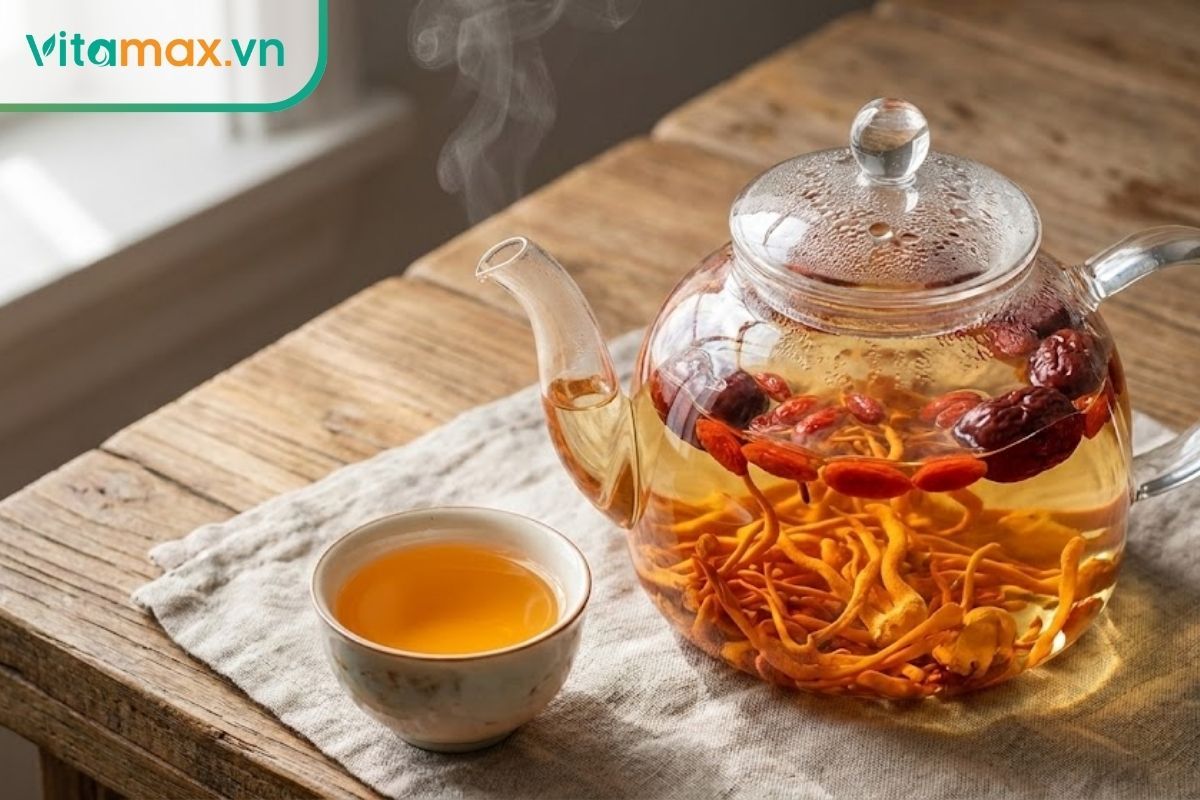 Cách pha trà đông trùng hạ thảo sấy thăng hoa kết hợp táo đỏ và kỷ tử.