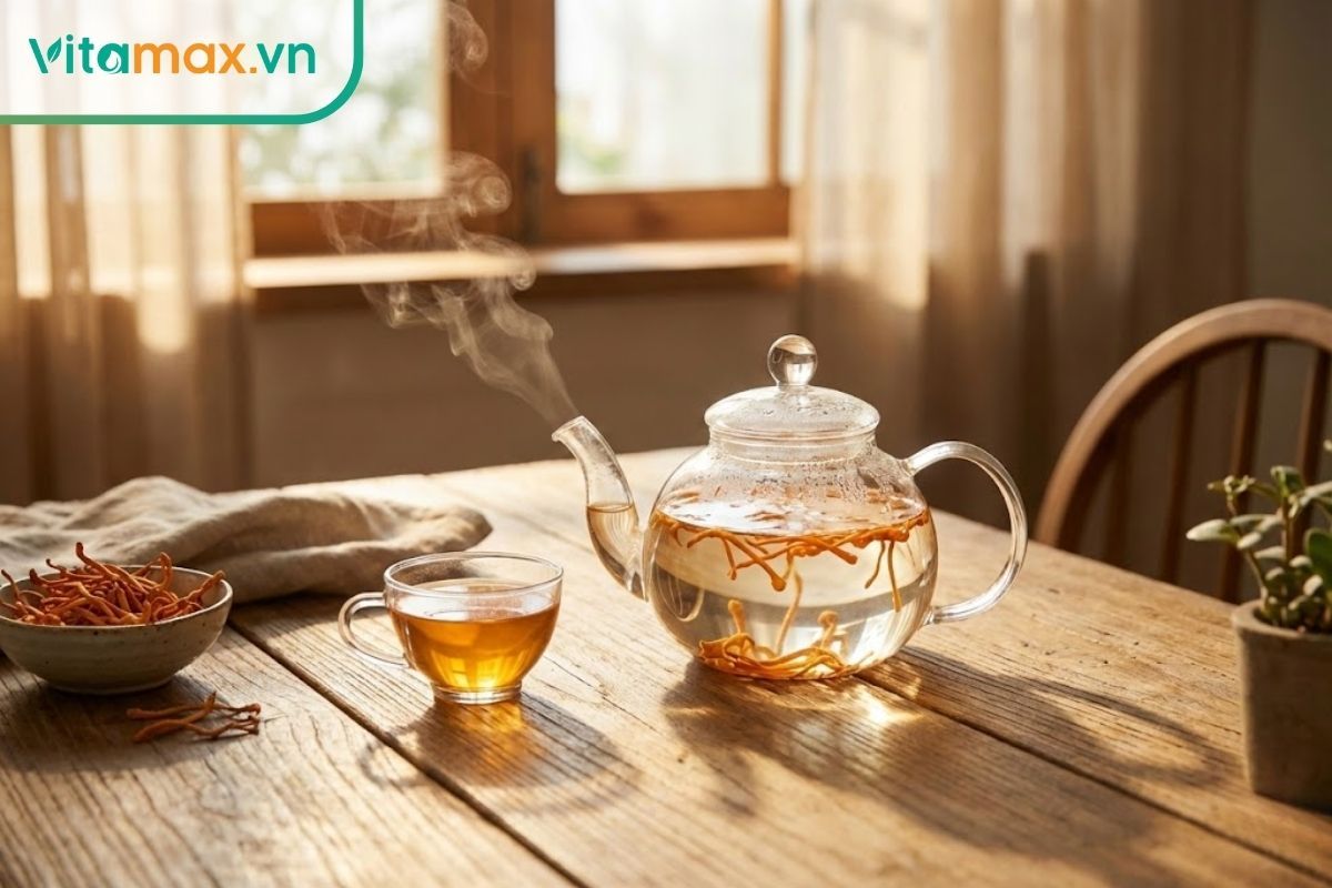 Bình trà thủy tinh chứa sợi đông trùng hạ thảo vàng cam đang bốc khói nhẹ trên bàn gỗ, minh họa cách pha trà đúng chuẩn.