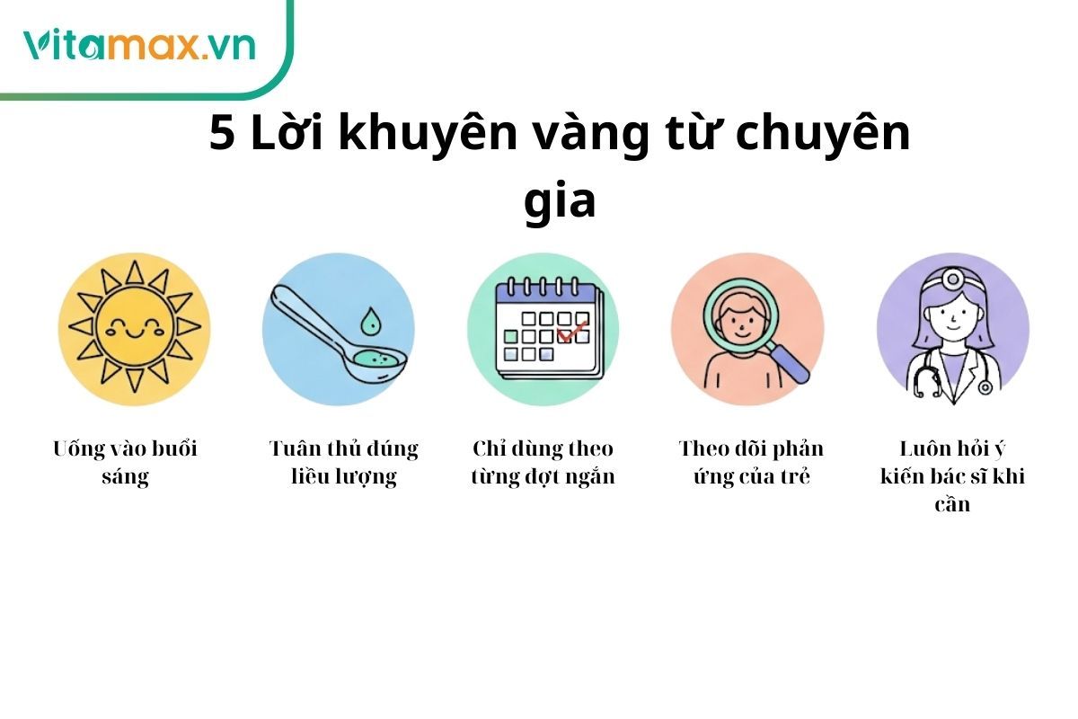 Infographic 5 lời khuyên an toàn khi cho trẻ dùng hồng sâm, bao gồm uống vào buổi sáng, đúng liều lượng và dùng theo từng đợt ngắn.