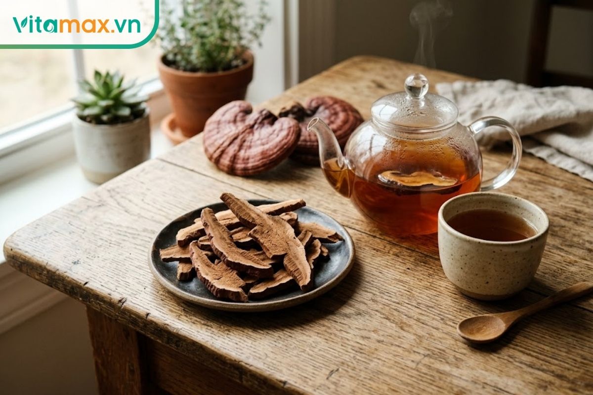 Nấm linh chi khô thái lát đặt cạnh ấm nước và tách trà trên bàn gỗ, minh họa các cách sử dụng linh chi tại nhà.