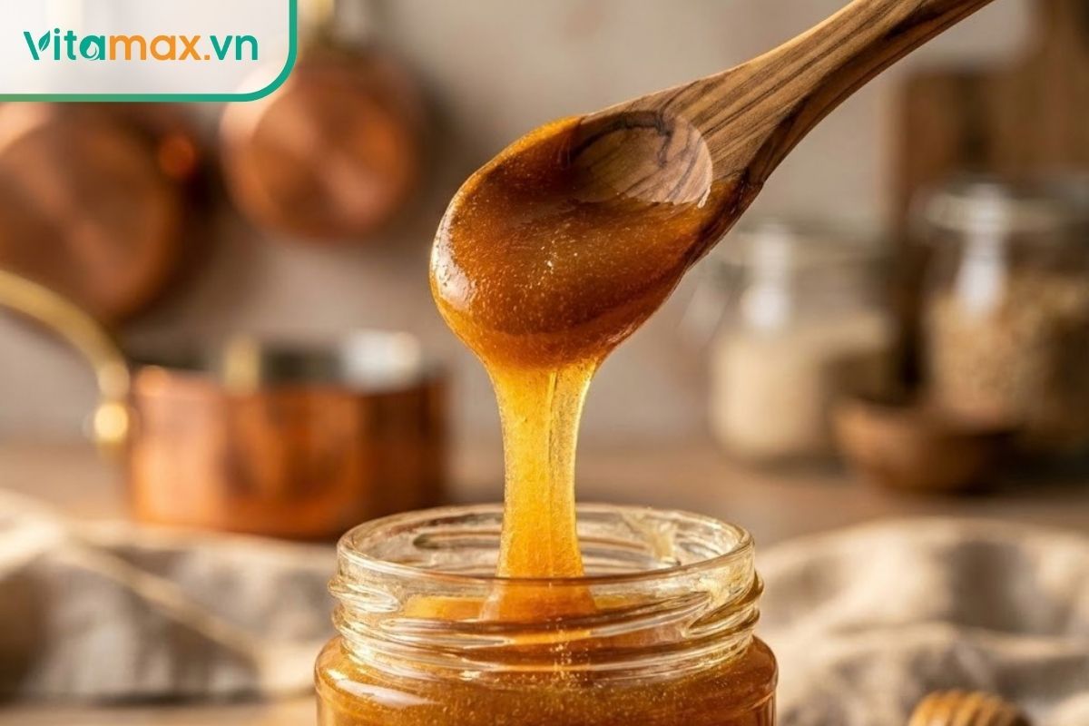 Thìa gỗ múc mật ong Manuka nguyên chất với độ sánh đặc và màu vàng nâu đặc trưng.