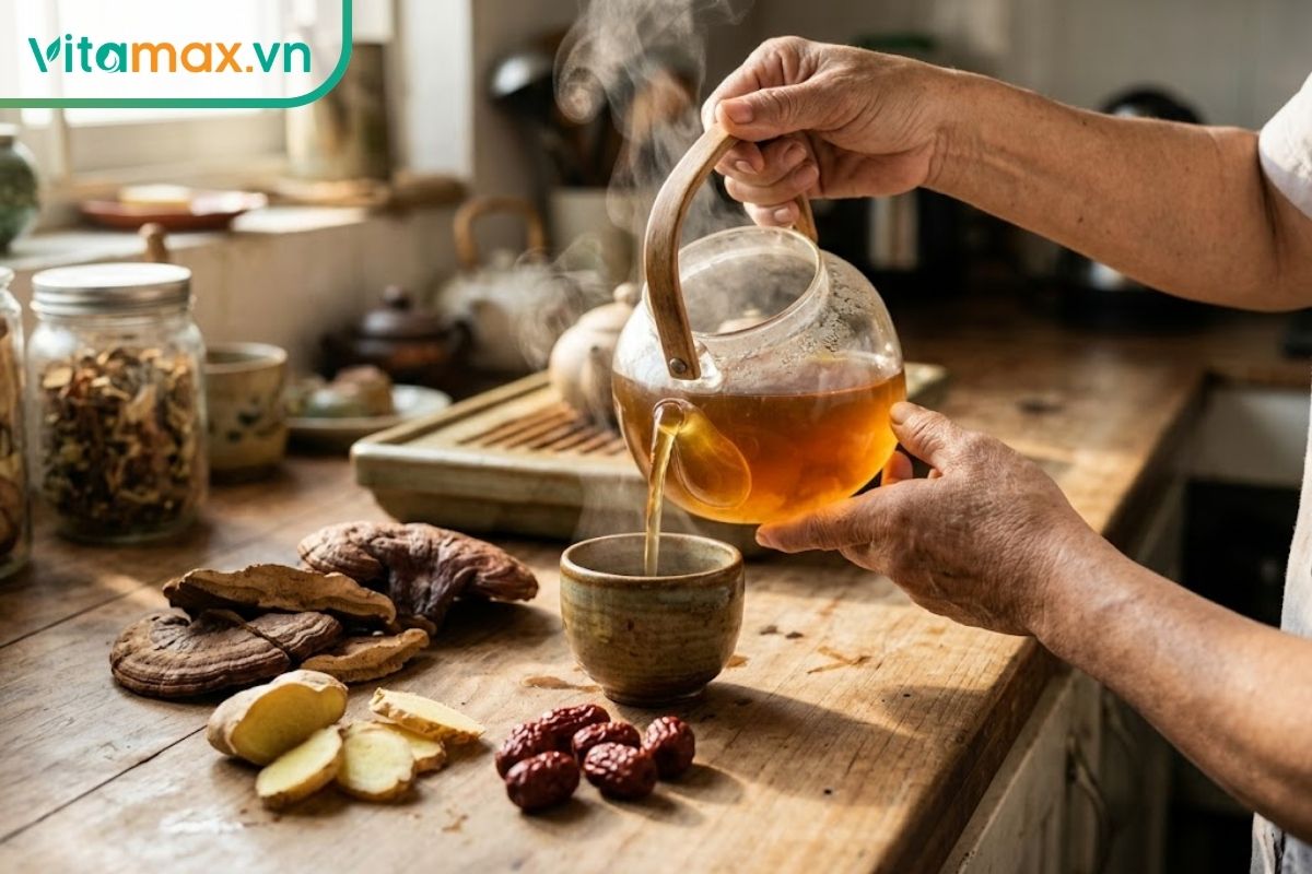 Bàn tay đang rót nước sắc nấm linh chi từ ấm thủy tinh ra cốc nhỏ cùng vài lát gừng tươi và táo đỏ trên mặt bàn bếp ngập nắng.