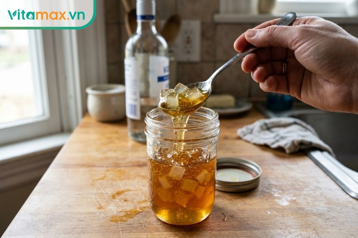 Một chiếc muỗng inox đang múc phần gel nha đam ngâm mật ong và rượu từ trong hũ thủy tinh ra để sử dụng.
