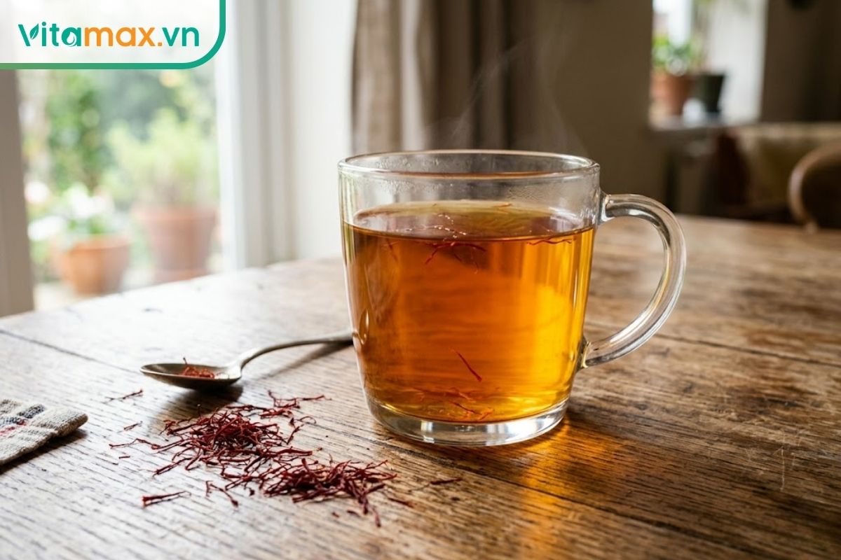 Một ly thủy tinh chứa nước nhụy hoa nghệ tây màu vàng hổ phách đặt trên bàn gỗ, bên cạnh là vài sợi saffron khô màu đỏ thẫm