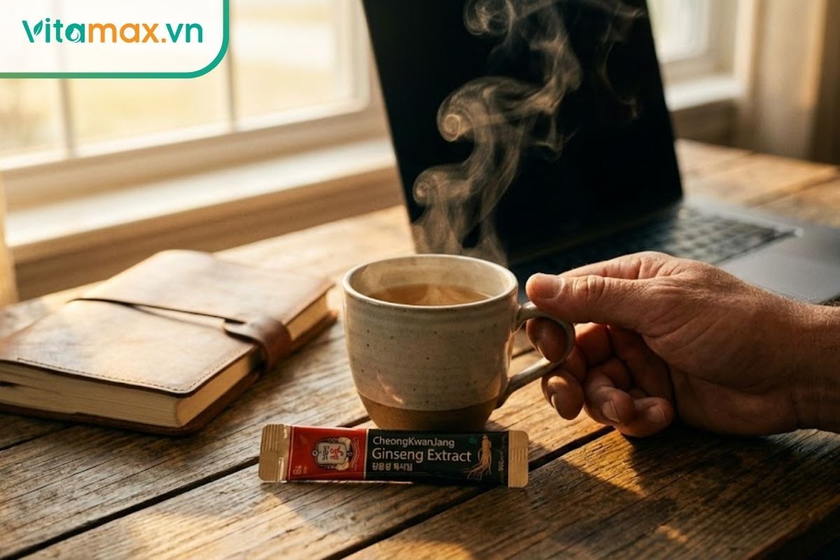 Nam giới uống trà sâm vào buổi sáng, thể hiện phong cách sống lành mạnh và sử dụng đúng liều lượng.