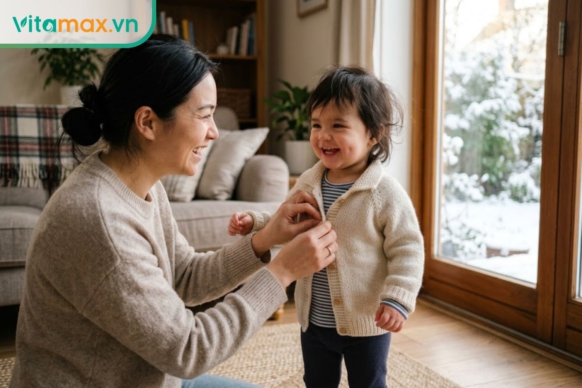 Người mẹ đang nhẹ nhàng mặc một chiếc áo khoác len mỏng cho em bé nhỏ trong phòng khách ngập nắng mùa đông, biểu cảm em bé vui vẻ, khỏe mạnh.
