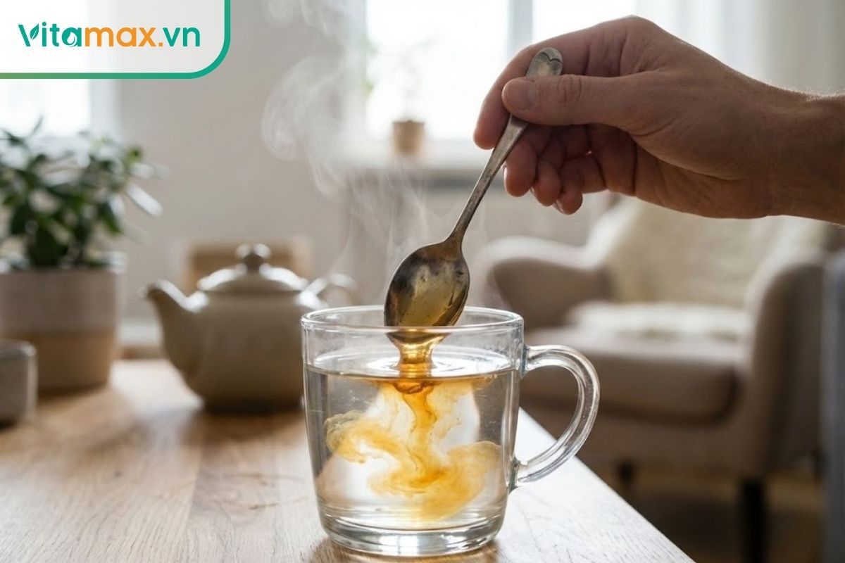 Hình ảnh ly nước ấm với thìa mật ong đang được khuấy nhẹ để kiểm tra độ tan và mùi hương nhằm phân biệt mật ong thật giả.