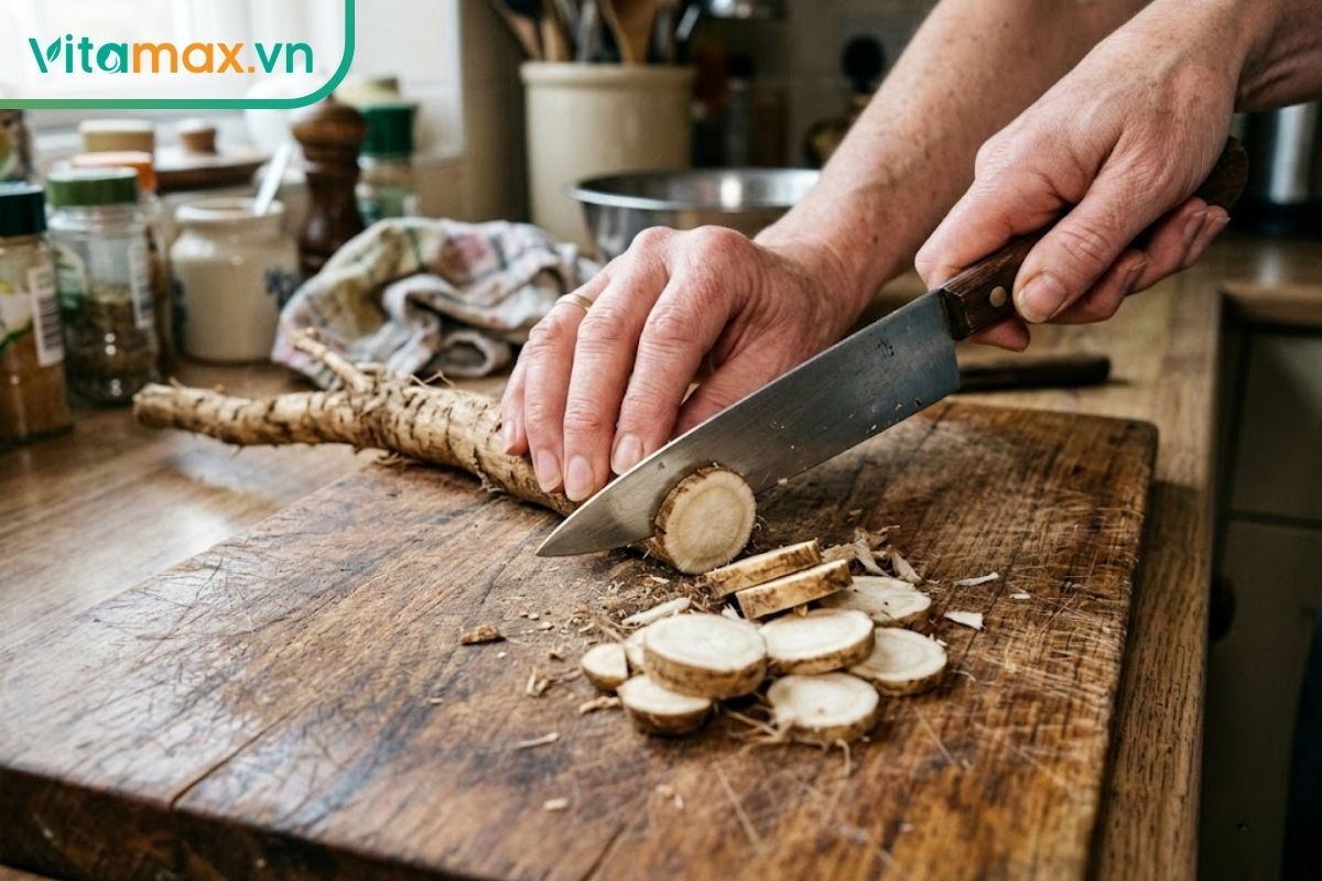 Hướng dẫn sơ chế và thái lát củ đinh lăng với độ dày từ 0.3 đến 0.5cm trước khi ngâm rượu.