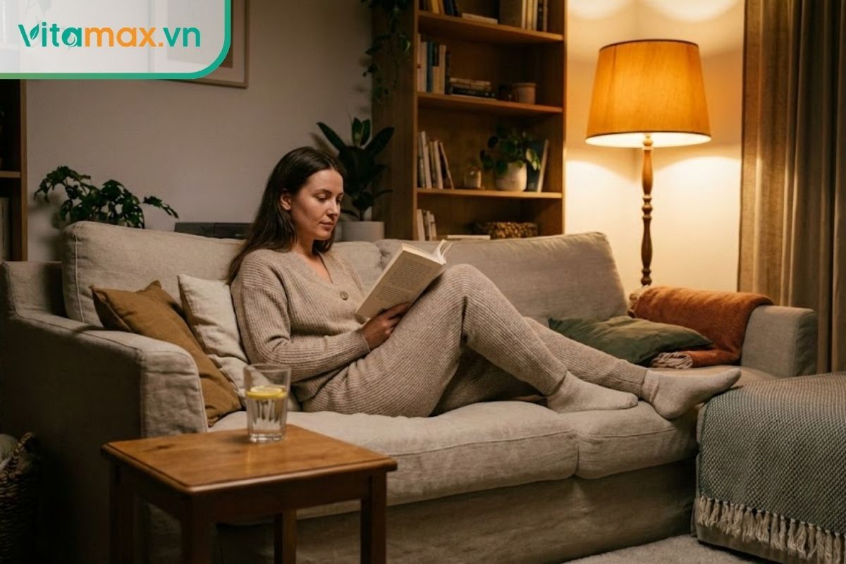 Người phụ nữ đọc sách và uống nước lọc để thư giãn buổi tối