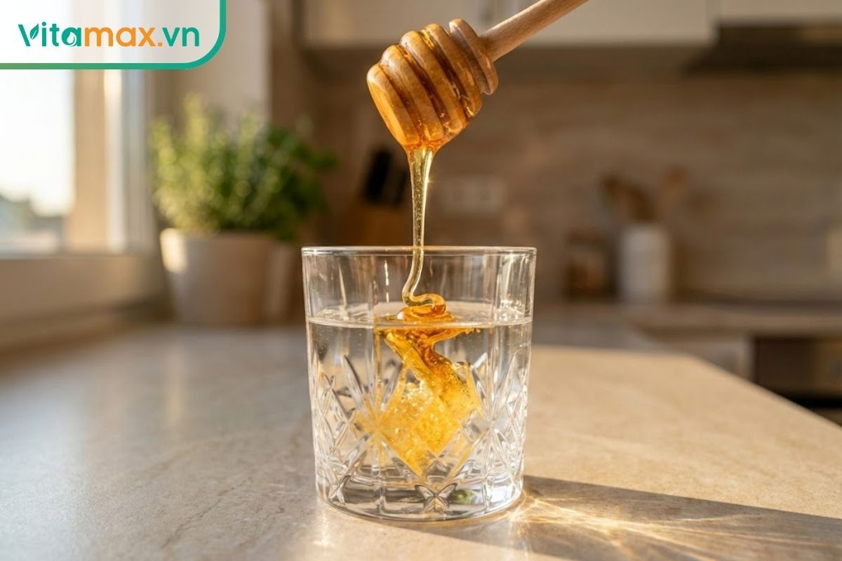 Cận cảnh dòng mật ong vàng óng chảy vào ly nước lạnh trong suốt để kiểm tra độ thật giả.