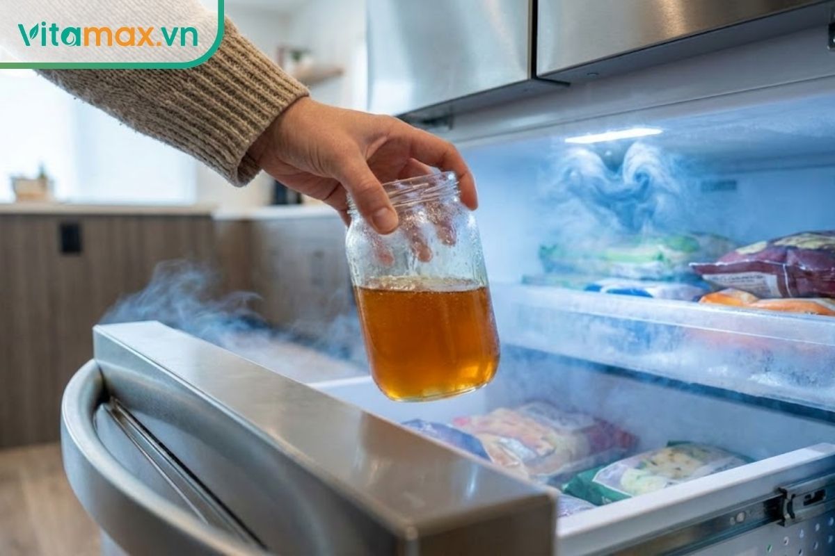 Một bàn tay đang đặt hũ thủy tinh chứa mật ong vào ngăn đá tủ lạnh hiện đại để kiểm tra chất lượng.