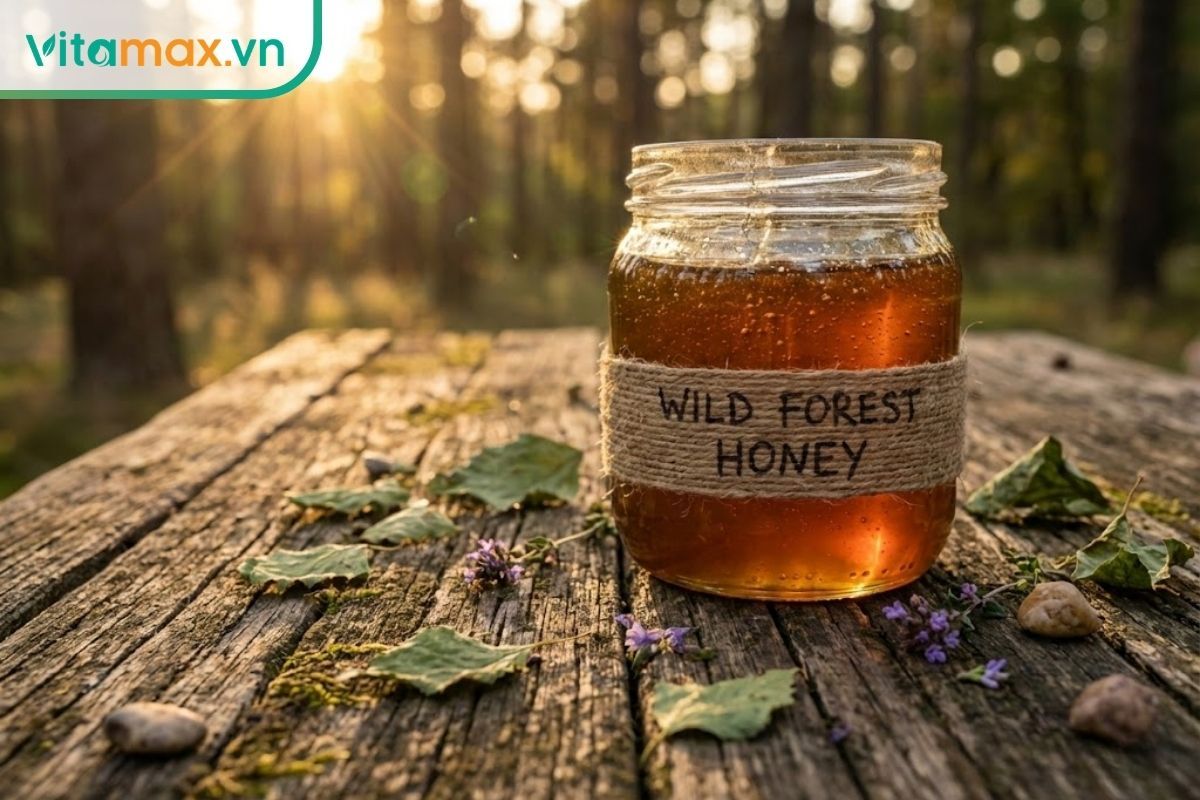 Hũ mật ong rừng tự nhiên nguyên chất đặt trên bàn gỗ mộc mạc dưới ánh sáng mặt trời.