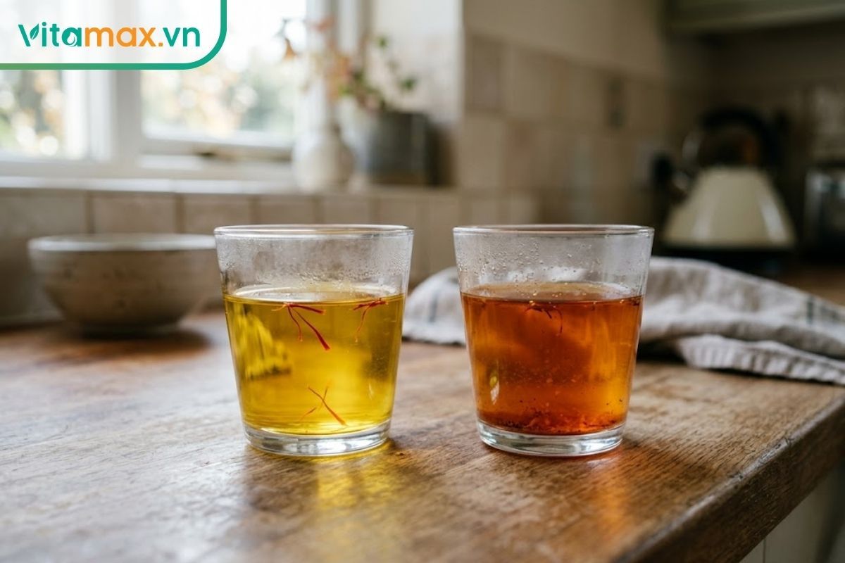 Hai ly nước ngâm saffron để so sánh: ly saffron thật có màu nước vàng óng trong trẻo, ly saffron giả có màu nước đỏ đục.