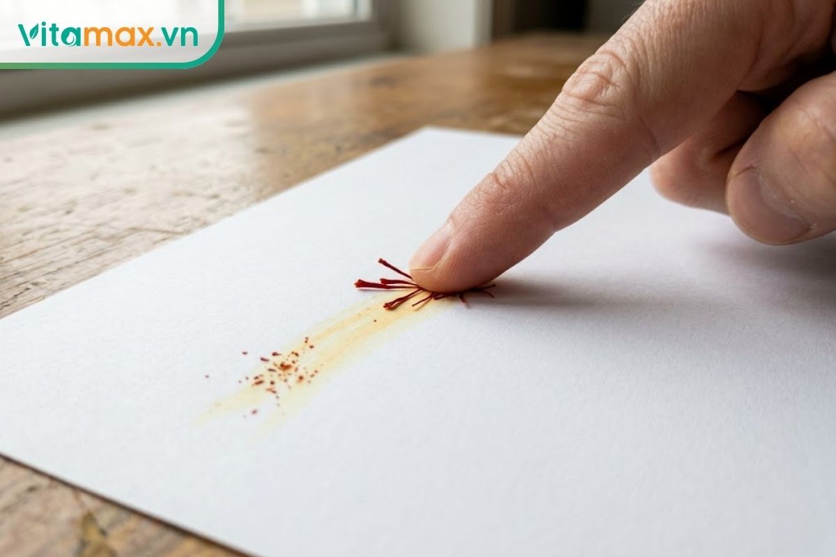 Dùng ngón tay ấn nhẹ sợi nhụy hoa nghệ tây lên bề mặt tờ giấy trắng để kiểm tra vệt màu để lại.