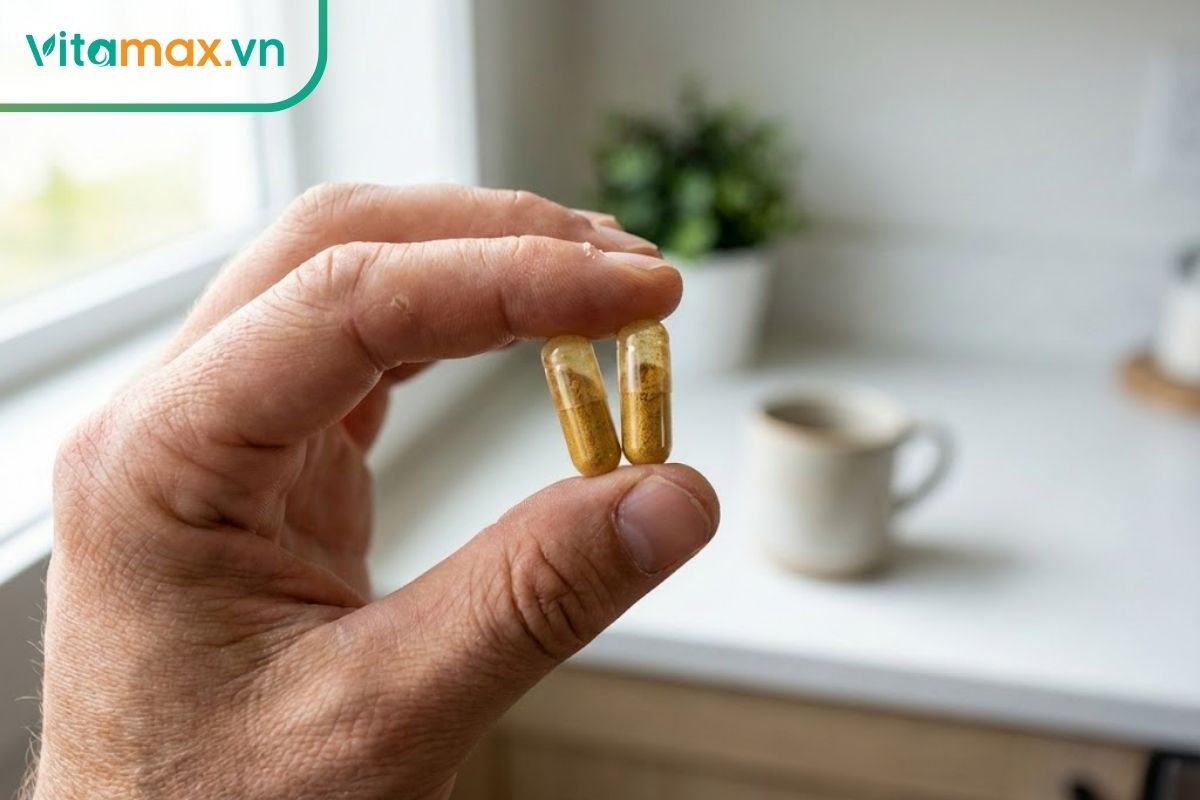 Bàn tay người đang cầm hai viên đông trùng hạ thảo, thể hiện liều dùng tiêu chuẩn hàng ngày cho người trưởng thành.