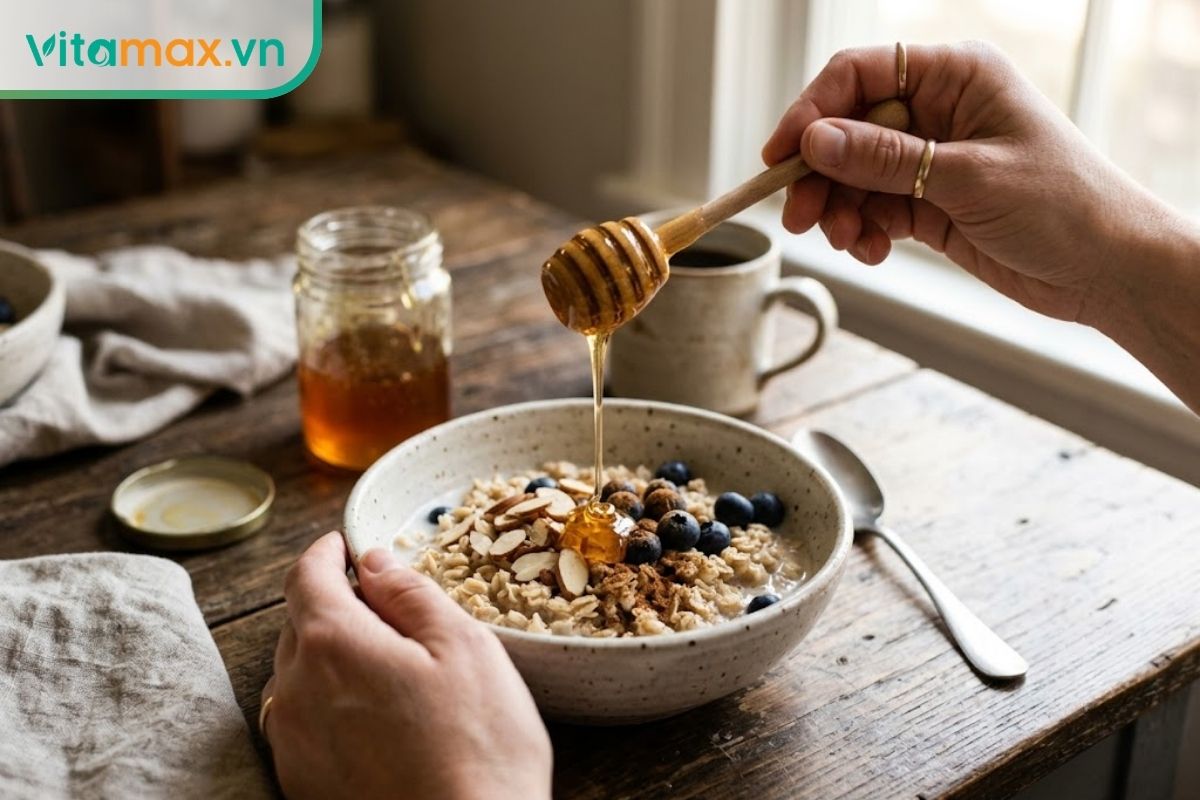 Một người đang rưới mật ong từ thìa gỗ lên bát yến mạch sữa tươi, bối cảnh bàn ăn sáng tự nhiên, thể hiện một bữa phụ giàu năng lượng giúp tăng cân an toàn.