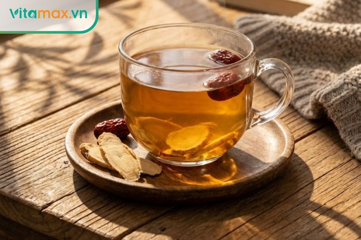 ách trà nhân sâm nóng bốc khói nhẹ trên bàn gỗ vào buổi sáng