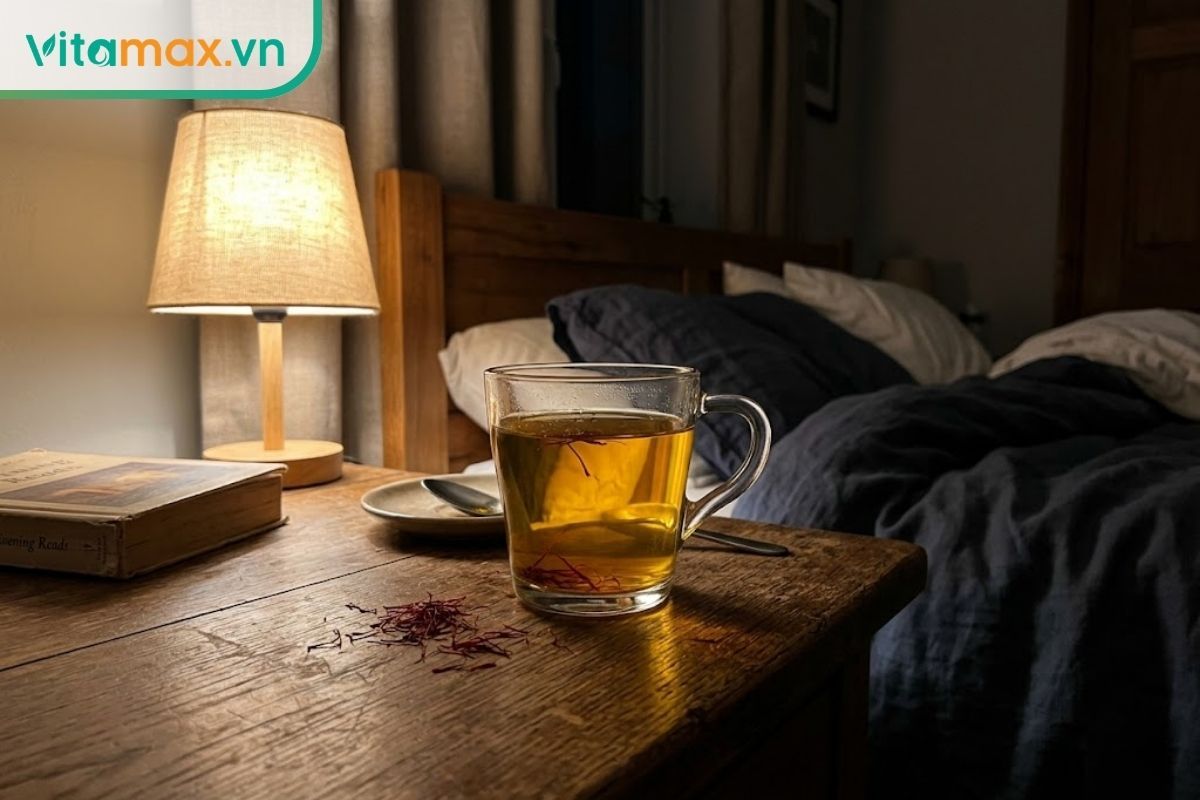 Ly nước nhụy hoa nghệ tây màu vàng ấm đặt trên bàn cạnh giường ngủ hỗ trợ thư giãn và chữa mất ngủ.