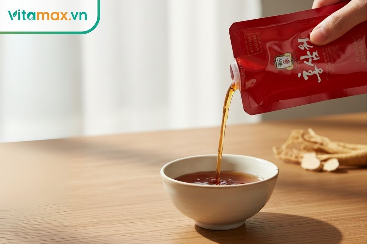 Một ly nước hồng sâm Hàn Quốc đặt cạnh hộp hồng sâm cao cấp , minh họa cách sử dụng đúng chuẩn để đạt hiệu quả cao.