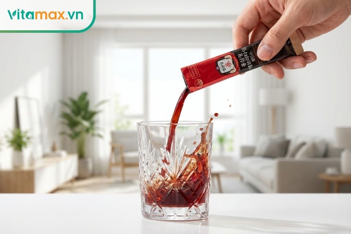 Rót nước hồng sâm không đường từ gói ra ly thủy tinh trong trẻo.