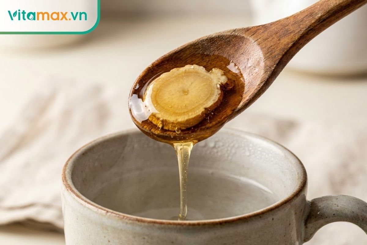 Một thìa sâm ngâm mật ong chuẩn bị pha với nước ấm cho người mới sử dụng.