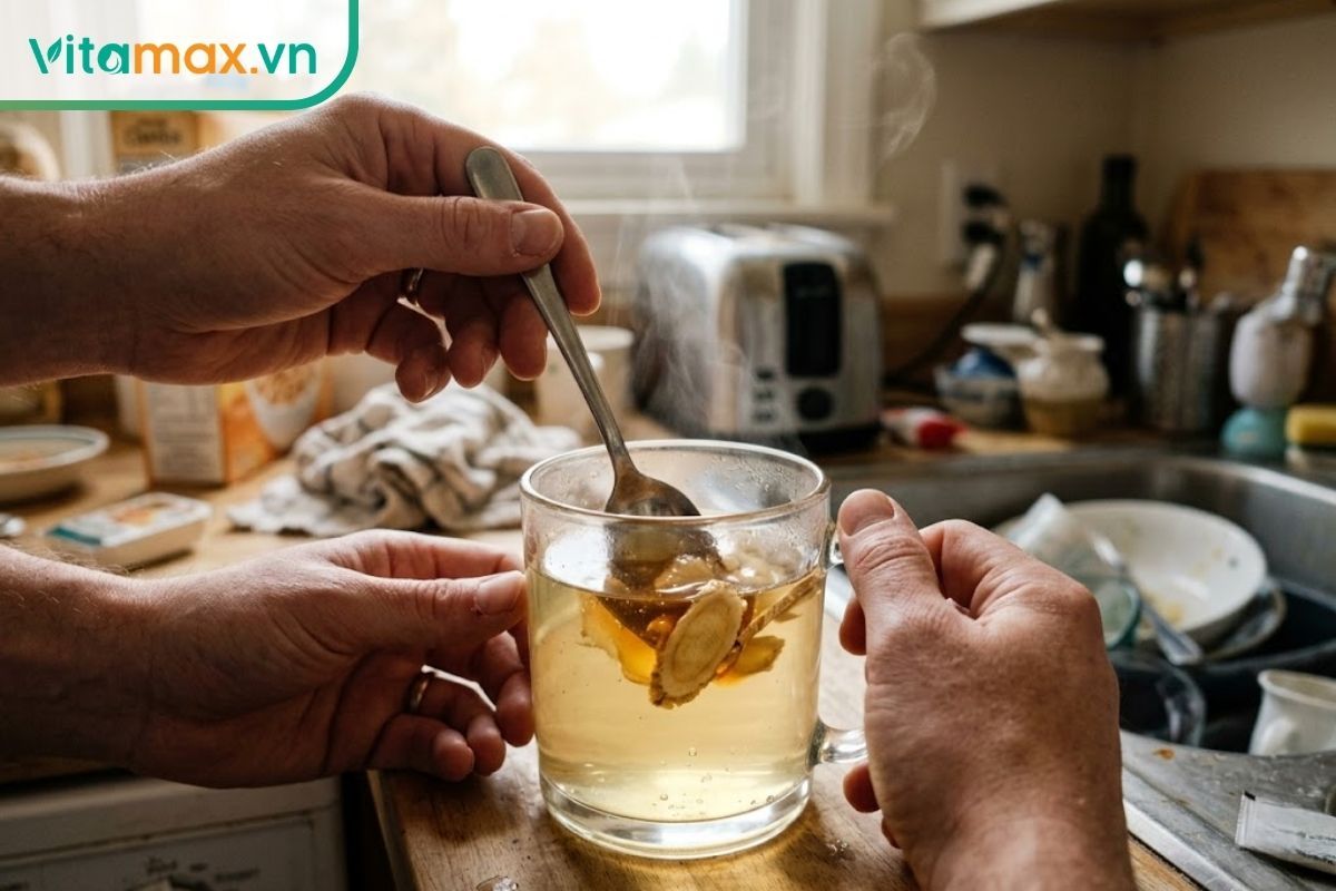 Thao tác thực tế dùng thìa khuấy hỗn hợp sâm Ngọc Linh ngâm mật ong vào một ly nước ấm, hơi nước bốc lên nhẹ nhàng.