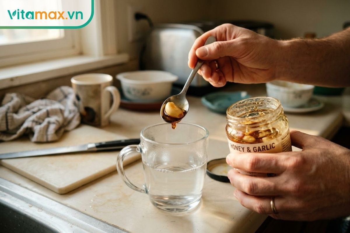 Uống tỏi ngâm mật ong đúng liều lượng bằng cách pha với nước ấm để bảo vệ niêm mạc dạ dày.