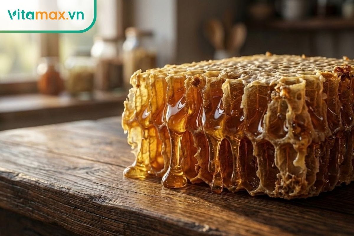 Cận cảnh tổ mật ong rừng tự nhiên nguyên khối với màu vàng hổ phách đang chảy mật trên nền gỗ, minh họa cho quy trình vắt mật ong chuẩn.