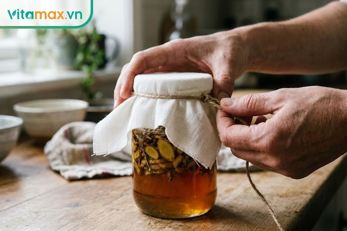 Hai bàn tay đang cẩn thận dùng một miếng vải cotton sạch, màu trắng thoáng khí buộc quanh miệng hũ thủy tinh đựng sâm ngâm mật ong.