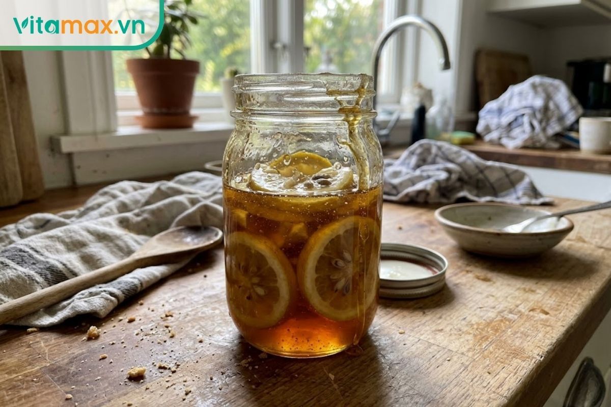 Hũ chanh đào ngâm mật ong bị đắng do vỏ chanh dày và cách ngâm chưa đúng tỷ lệ.