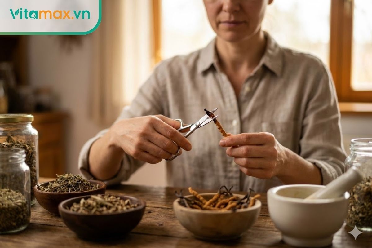 Sử dụng kéo sạch cắt bỏ phần đông trùng hạ thảo bị mốc để xử lý an toàn.