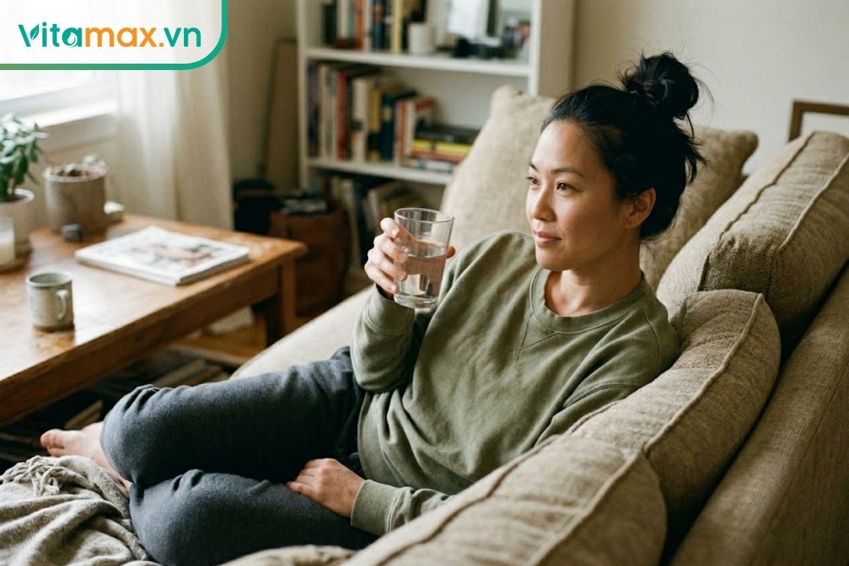 Một người đang nằm nghỉ ngơi thoải mái trên ghế sofa ở phòng khách, tay cầm một ly nước lọc trong suốt để bù nước cho cơ thể.