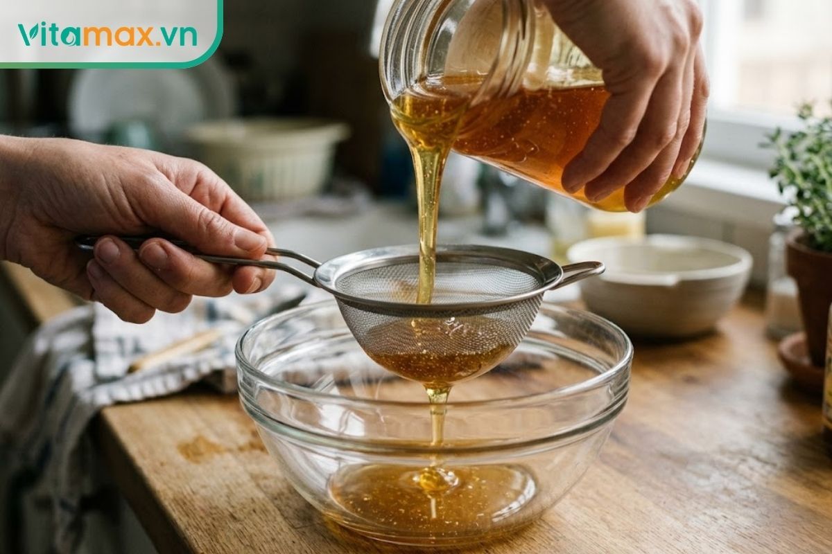 Lọc phần mật ong bị kiến bu qua rây lưới inox nhỏ để loại bỏ xác kiến.