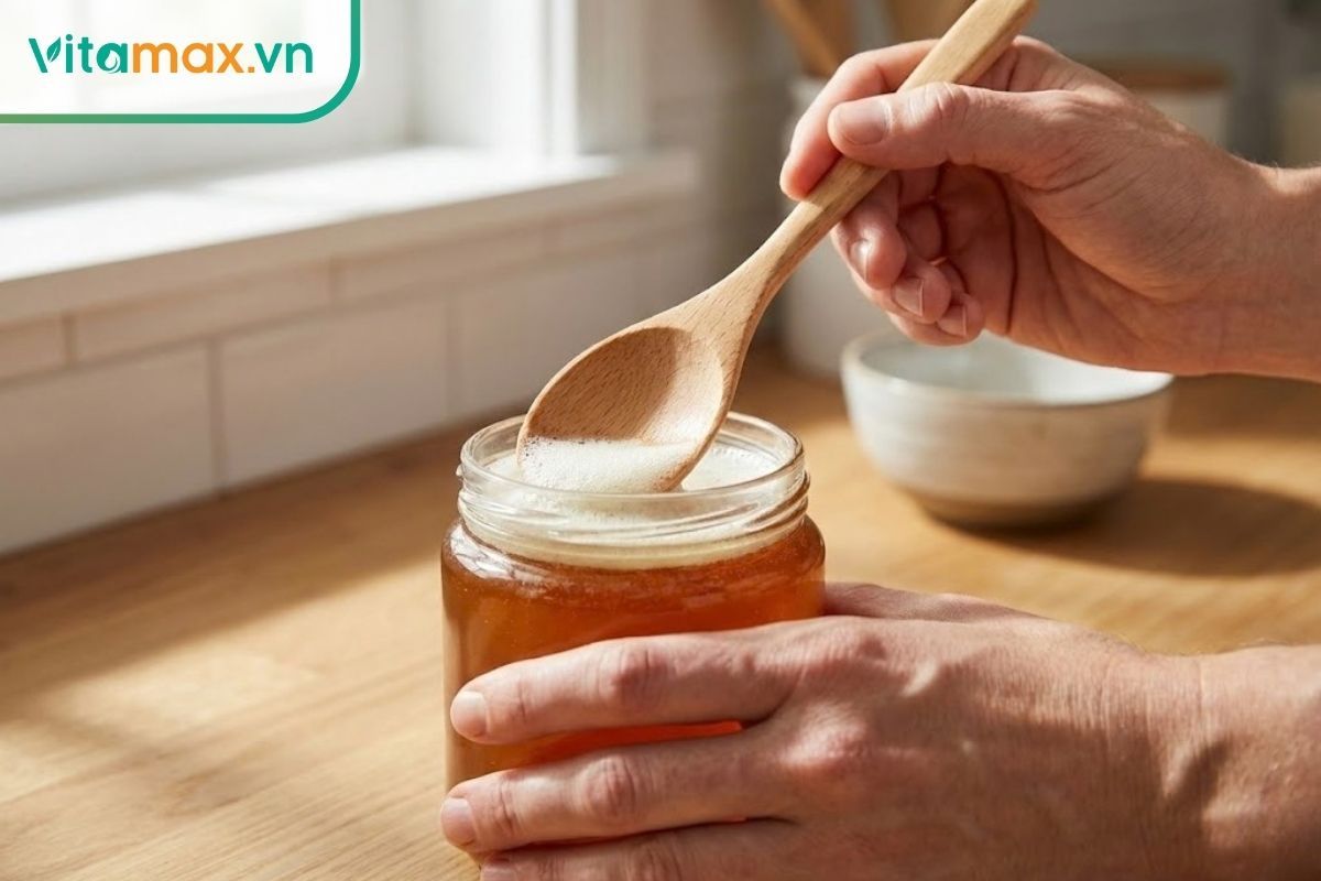 Người dùng sử dụng muỗng gỗ sạch nhẹ nhàng hớt lớp bọt trắng trên bề mặt hũ mật ong.