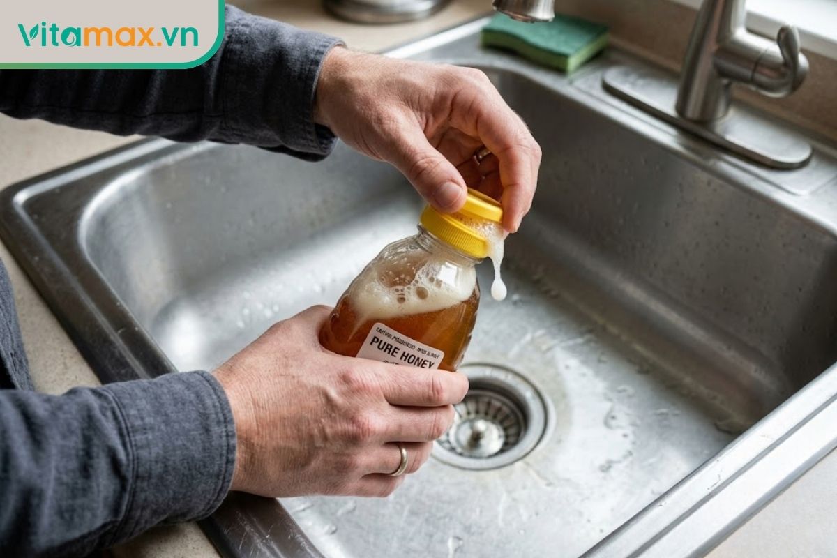 Bàn tay đang vặn nhẹ nắp chai mật ong sủi bọt bên trong bồn rửa chén inox để xả áp suất khí gas an toàn.