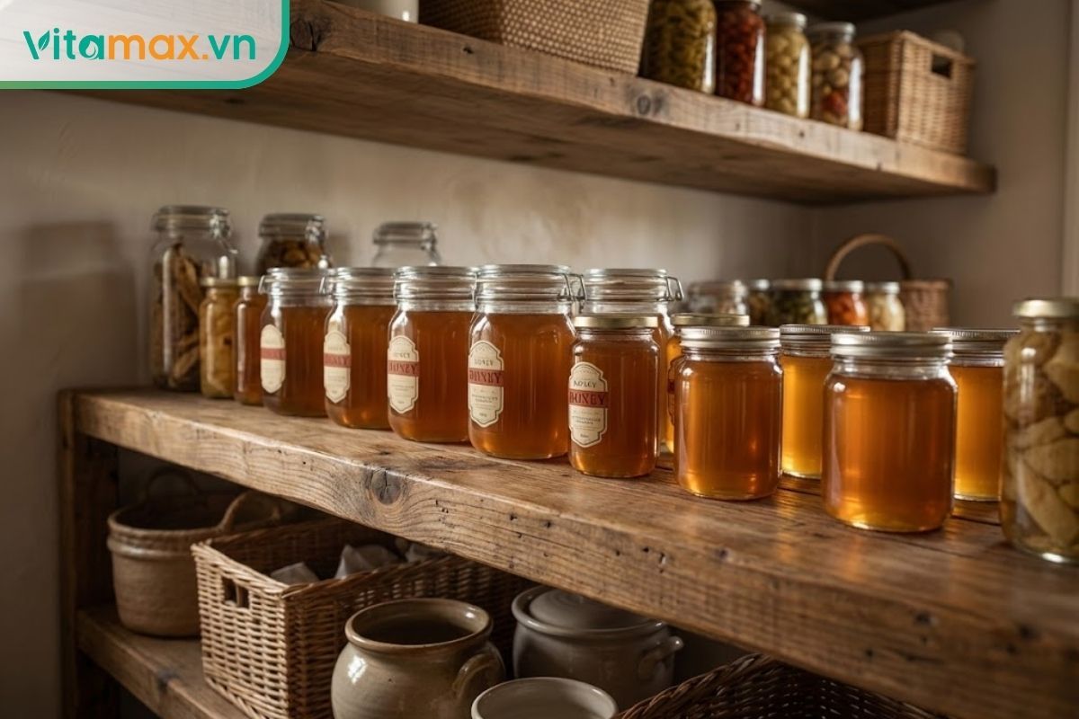 Hũ mật ong được đặt trong bát nước ấm có khói nhẹ để làm tan chảy phần đường kết tinh.