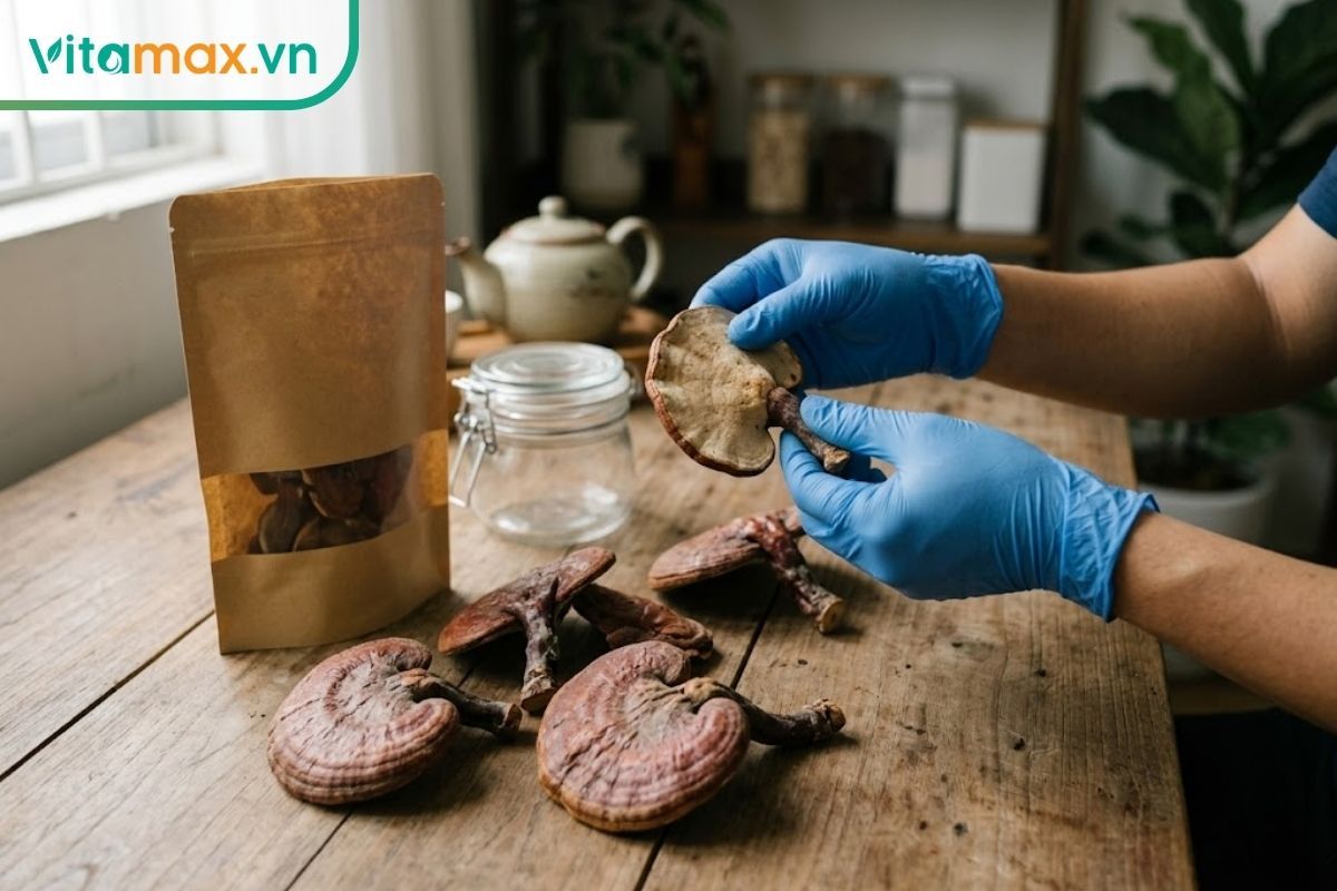 Nấm linh chi khô nguyên tai và thái lát trên bàn gỗ, minh họa nguyên liệu cần kiểm tra trước khi sử dụng.