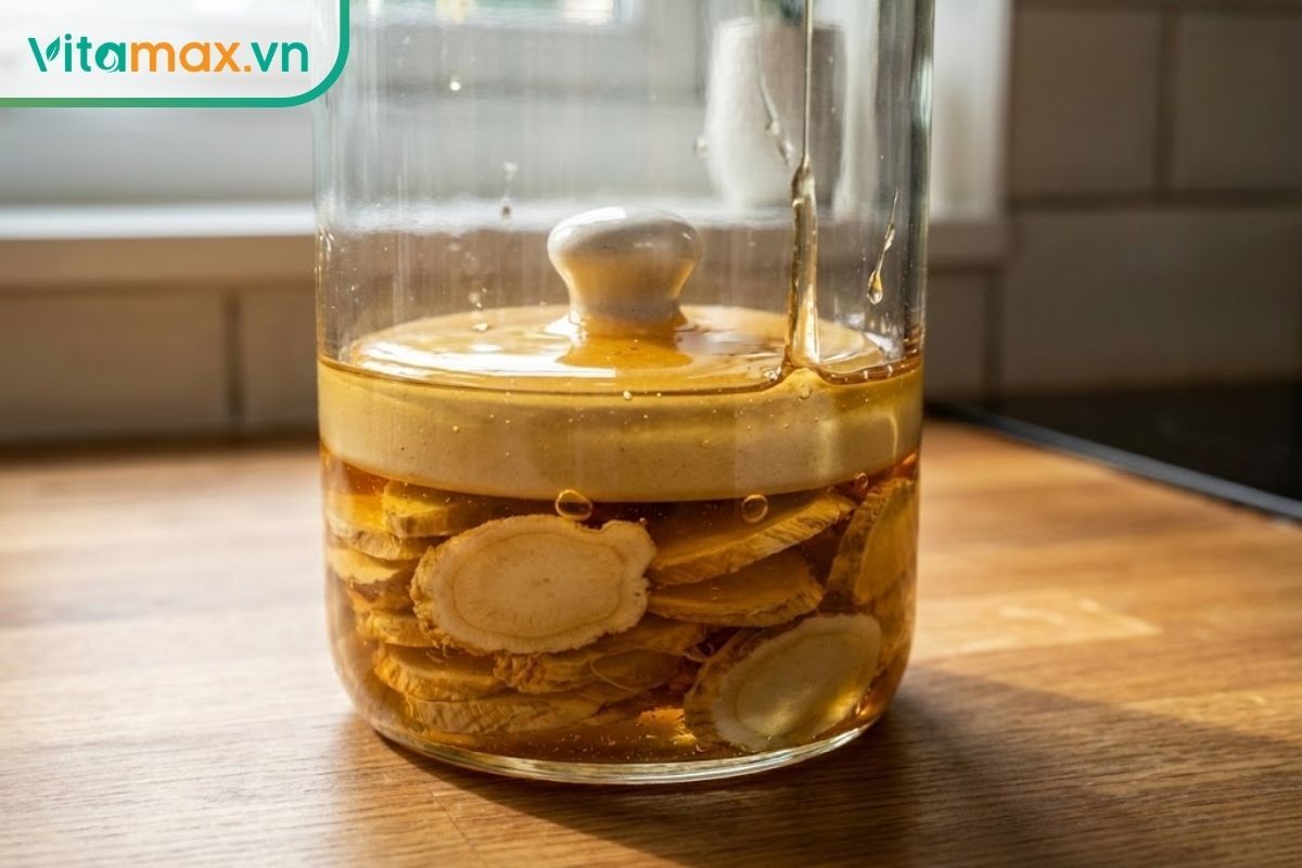 Sử dụng nan tre hoặc dụng cụ nén chuyên dụng để ép các lát sâm chìm hoàn toàn dưới lớp mật ong vàng óng.