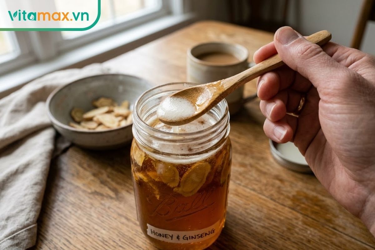 Dùng thìa gỗ thật sạch và khô ráo để hớt bỏ lớp bọt trắng trên bề mặt hũ sâm ngâm mật ong.