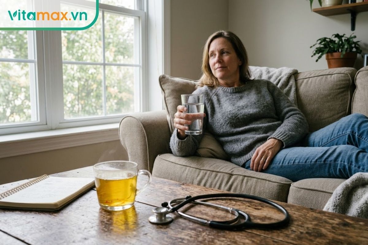 Một người đang nằm nghỉ ngơi trên sofa và cầm ly nước lọc để giảm cảm giác chóng mặt, buồn nôn sau khi lỡ dùng nhụy hoa nghệ tây quá liều.