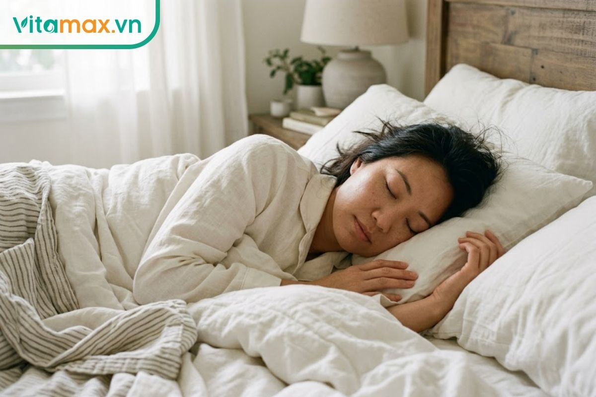 Một phụ nữ đang ngủ sâu giấc, biểu cảm thư giãn thanh thản trên giường với chăn gối màu trắng êm ái, ánh sáng buổi sáng nhẹ nhàng chiếu vào.
